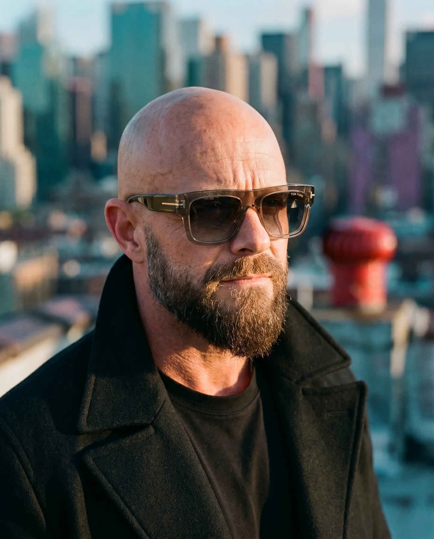 Thomas Finn wearing The Word - Love Never Ends - on a New York street at golden hour