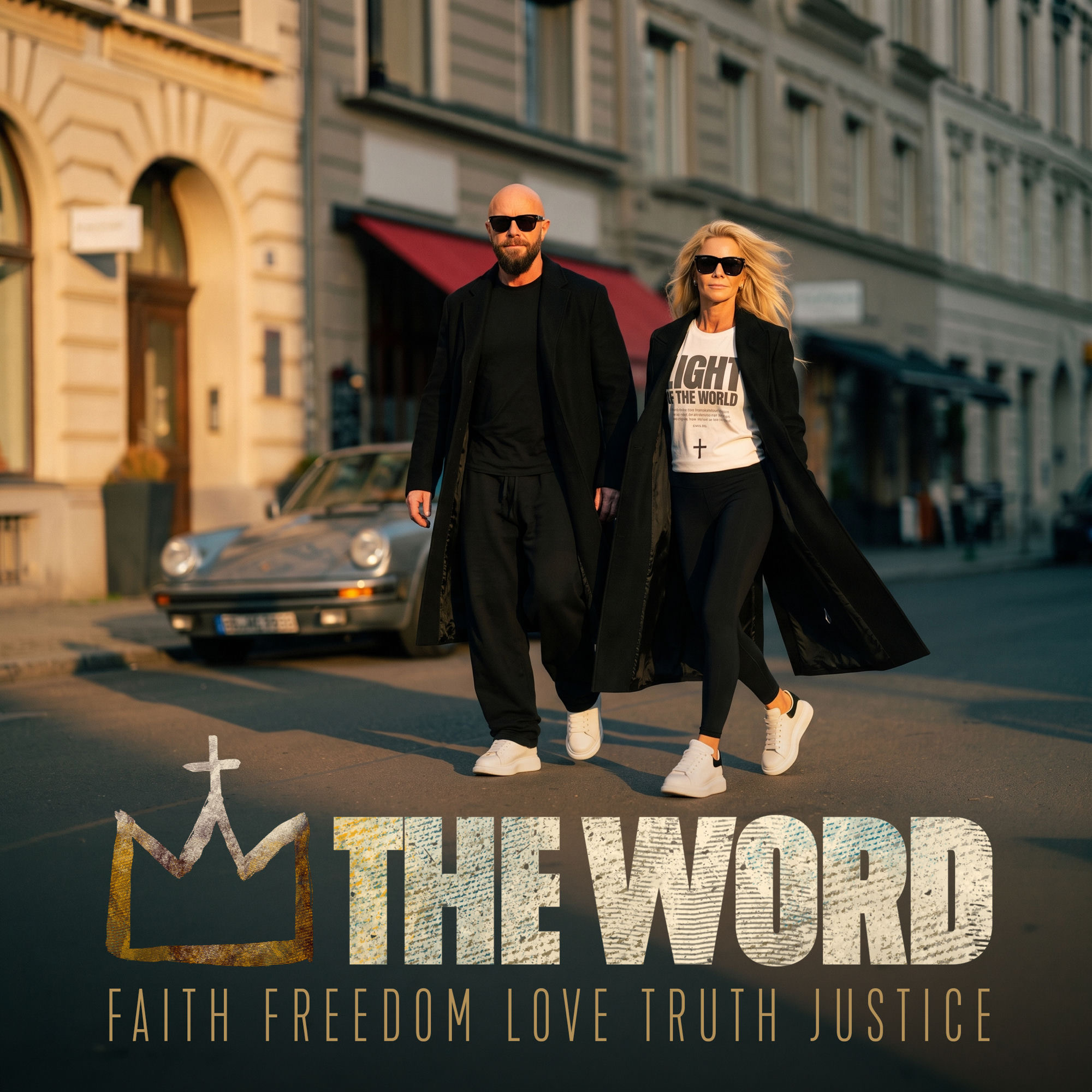 The Word - Krisztina Maria and Thomas Finn walking a European street at golden hour, faith, freedom, love, truth, justice